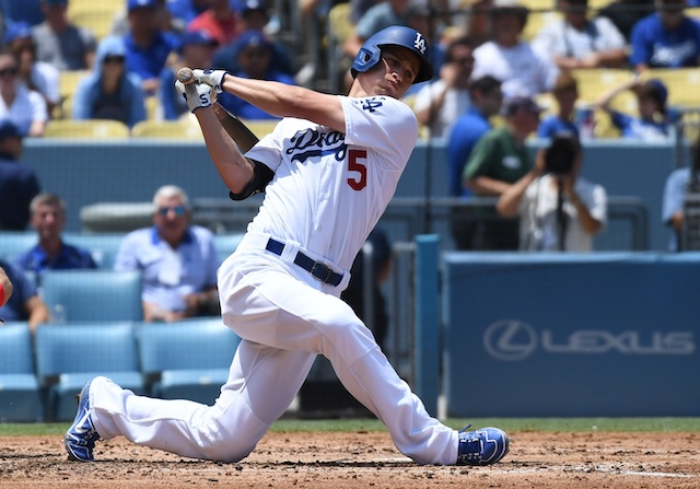 Los Angeles Dodgers shortstop Corey Seager strikes out