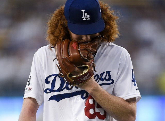 Los Angeles Dodgers pitcher Dustin May reacts during his MLB debut