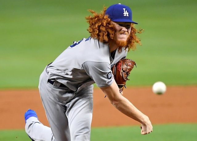 Los Angeles Dodgers pitcher Dustin May against the Miami Marlins