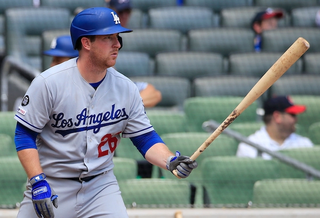 Los Angeles Dodgers infielder Jedd Gyorko at bat against the Atlanta Braves