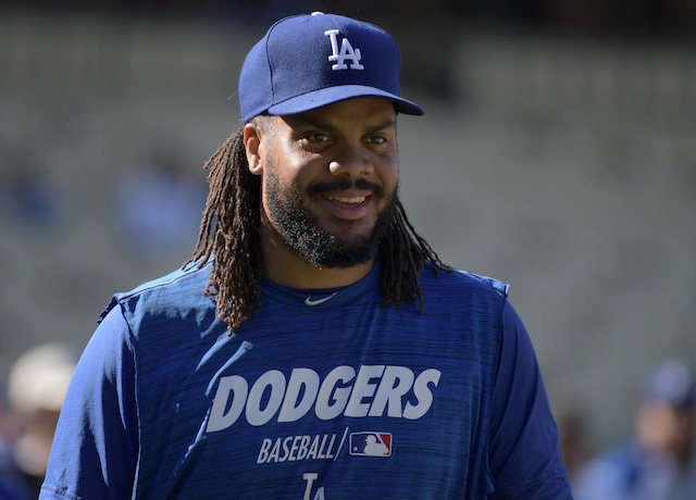 Los Angeles Dodgers closer Kenley Jansen during batting practice at Dodger Stadium