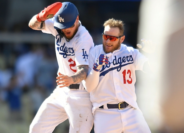 Max Muncy and Alex Verdugo celebrate a Los Angeles Dodgers walk-off win