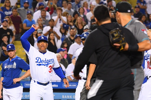 Los Angeles Dodgers manager Dave Roberts yells at Arizona Diamondbacks starter Robbie Ray during a benches-clearing incident