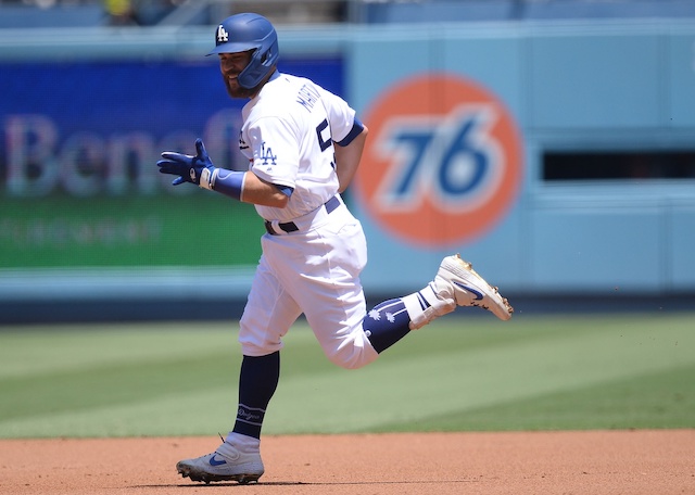 Los Angeles Dodgers catcher Russell Martin rounds the bases after hitting a home run