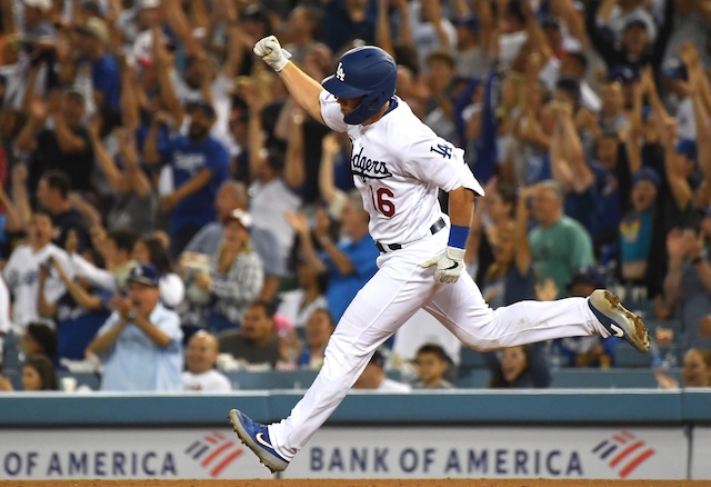 Los Angeles Dodgers catcher Will Smith reacts after hitting a grand slam against the San Diego Padres