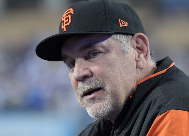 San Francisco Giants manager Bruce Bochy looks on during a game at Dodger Stadium