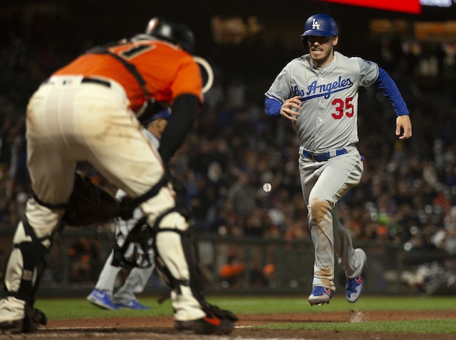 Los Angeles Dodgers All-Star Cody Bellinger scores a run against the San Francisco Giants