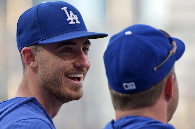 Los Angeles Dodgers teammates Cody Bellinger and Jedd Gyorko during batting practice at Petco Park