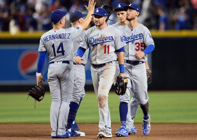 Cody Bellinger, Kiké Hernandez, A.J. Pollock, Corey Seager, Justin Turner celebrate after a Los Angeles Dodgers win