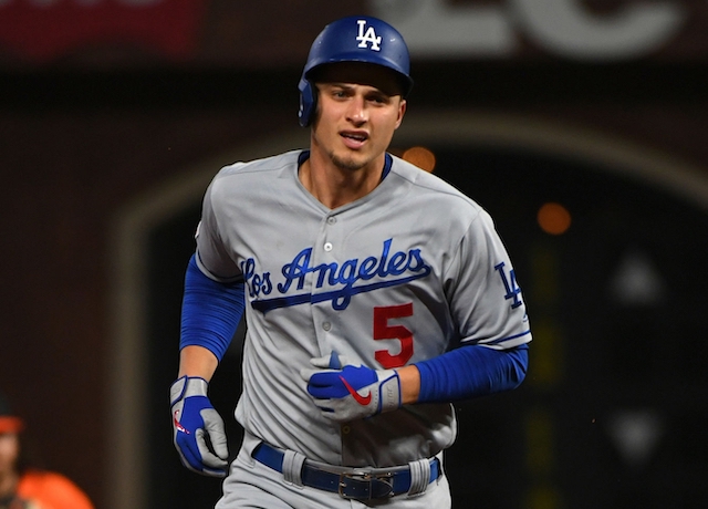 Los Angeles Dodgers shortstop Corey Seager rounds the bases after hitting a home run against the San Francisco Giants