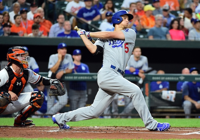 Los Angeles Dodgers shortstop Corey Seager hits a home run against the Baltimore Orioles