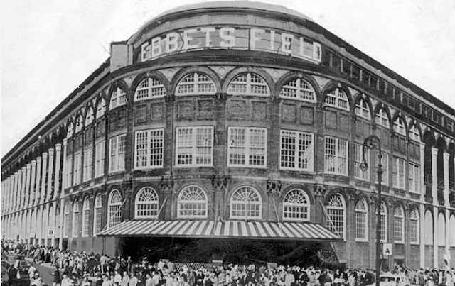 General view of the Ebbets Field entrance, which was home to the Brooklyn Dodgers