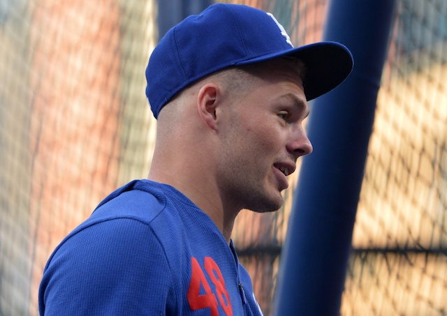 Los Angeles Dodgers infielder Gavin Lux during batting practice at Petco Park