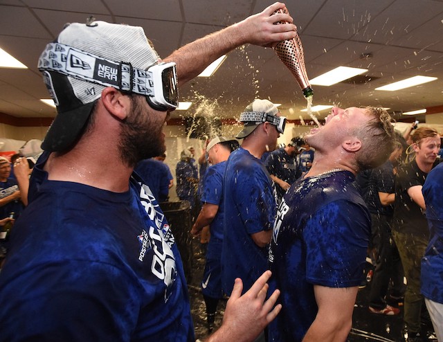 Gavin Lux celebrates after the Los Angeles Dodgers clinch the NL West during the 2019 season