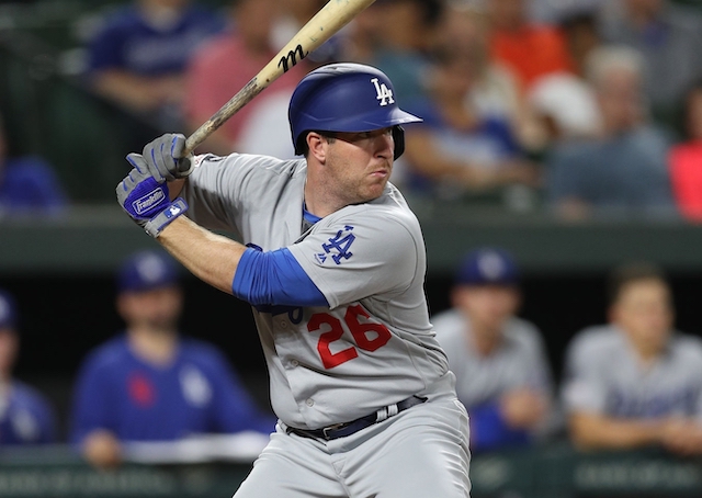 Los Angeles Dodgers infielder Jedd Gyorko at bat against the Baltimore Orioles