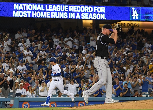 Los Angeles Dodgers outfielder Joc Pederson rounds the bases after hitting a home run