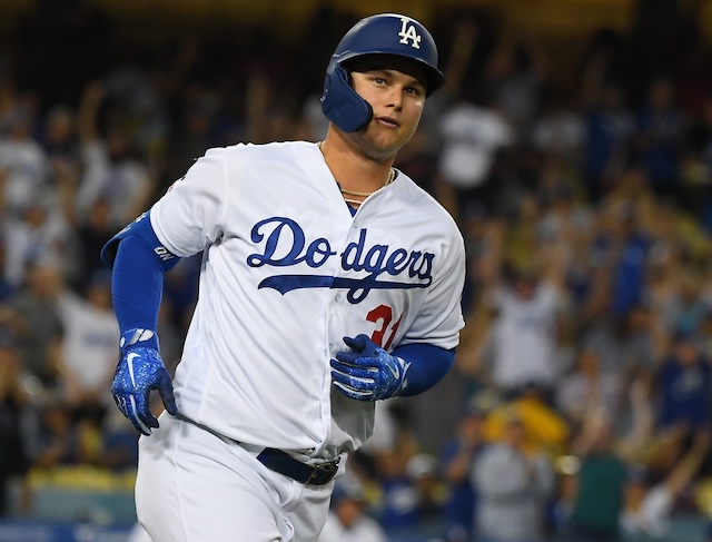 Los Angeles Dodgers outfielder Joc Pederson hits a home run