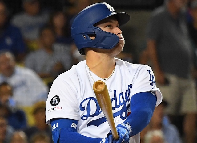 Los Angeles Dodgers outfielder Joc Pederson watches his home run