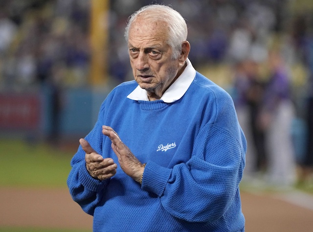 Former Los Angeles Dodgers manager Tommy Lasorda before a game at Dodger Stadium