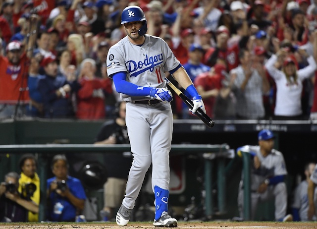 Los Angeles Dodgers outfielder A.J. Pollock reacts after striking out in Game 3 of the 2019 NLDS