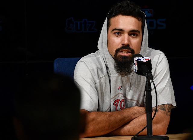 Washington Nationals third baseman Anthony Rendon speaks before a 2019 NLDS workout at Dodger Stadium