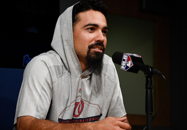 Washington Nationals third baseman Anthony Rendon speaks before a 2019 NLDS workout at Dodger Stadium