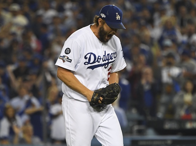 Los Angeles Dodgers pitcher Clayton Kershaw reacts during Game 5 of the 2019 NLDS