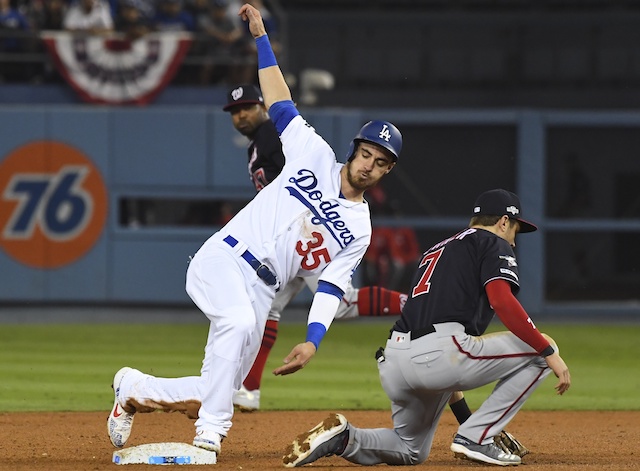 Los Angeles Dodgers All-Star Cody Bellinger steals second base during Game 5 of the 2019 NLDS