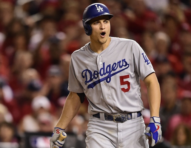 Los Angeles Dodgers shortstop Corey Seager reacts during the 2019 NLDS