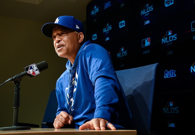 Los Angeles Dodgers manager Dave Roberts during a press conference before a 2019 NLDS workout at Dodger Stadium