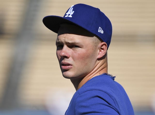 Los Angeles Dodgers infielder Gavin Lux during batting practice at Dodger Stadium