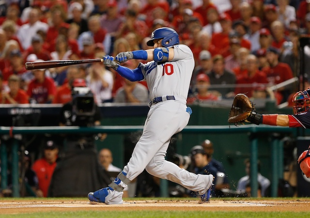 Los Angeles Dodgers third baseman Justin Turner hits a home run in Game 4 of the 2019 NLDS