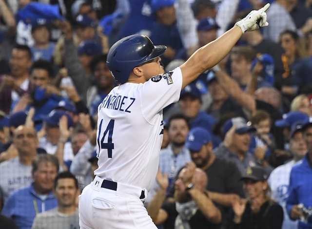 Los Angeles Dodgers utility player Kiké Hernandez celebrates after a home run during Game 5 of the 2019 NLDS