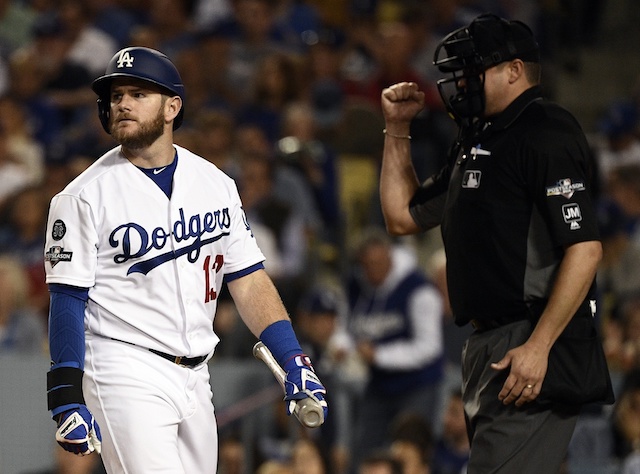 Los Angeles Dodgers infielder Max Muncy reacts after striking out during Game 2 of the 2019 NLDS