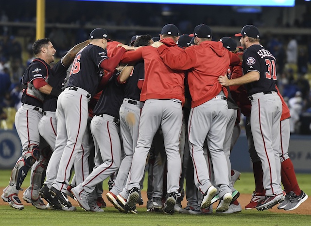 Max Scherzer and the Washington Nationals celebrate after eliminating the Los Angeles Dodgers in Game 5 of the 2019 NLDS