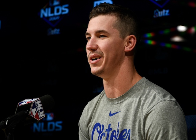 Los Angeles Dodgers pitcher Walker Buehler during an interview before Game 1 of the 2019 NLDS