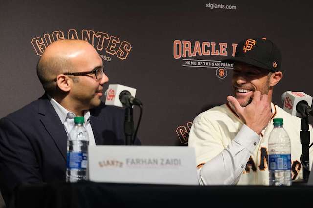 San Francisco Giants president of baseball operations Farhan Zaidi introduces new manager Gabe Kapler