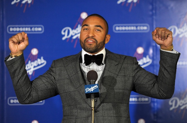 Former Los Angeles Dodgers outfielder Matt Kemp after signing a contract extension in November 2011