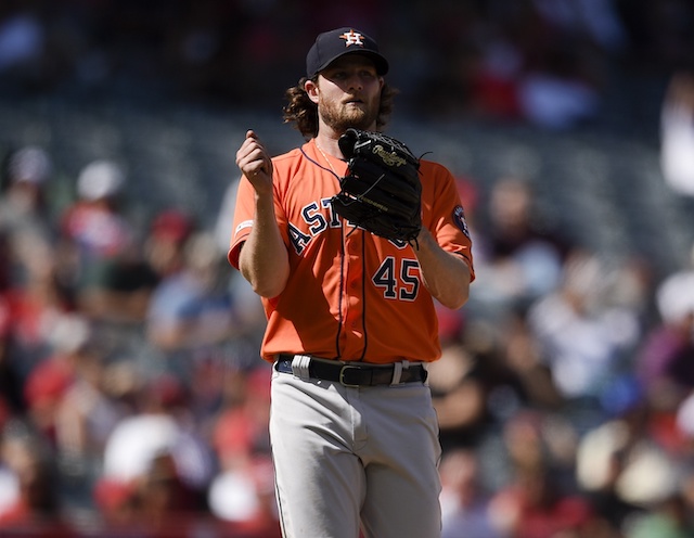 Houston Astros starting pitcher Gerrit Cole reacts during a game against the Los Angeles Angels