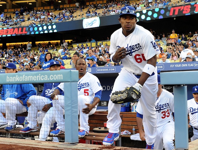 Carl Crawford, Yasiel Puig, Hyun-Jin Ryu and Juan Uribe before the Los Angeles Dodgers play the San Diego Padres