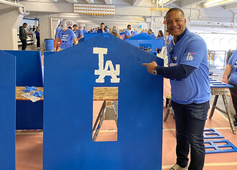 Los Angeles Dodgers manager Dave Roberts after painting a portion of a playhouse on Day of Service at Dodger Stadium during the 2020 Dodgers Love L.A. Community Tour