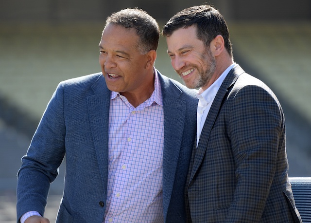 Andrew Friedman and Dave Roberts during the Los Angeles Dodgers introductory press conference at Dodger Stadium