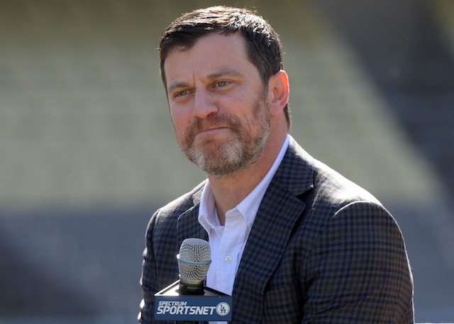 Andrew Friedman during the Los Angeles Dodgers introductory press conference at Dodger Stadium