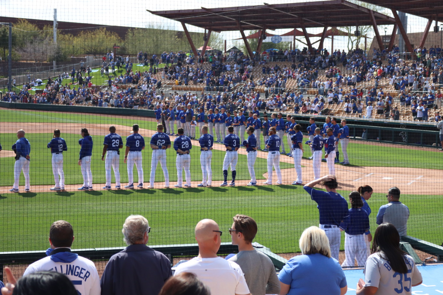 Dino Ebel, Bob Geren, George Lombard, Gavin Lux, AJ Pollock, Dave Roberts, Chris Taylor, Justin Turner, Dodgers lined up, 2020 Spring Training