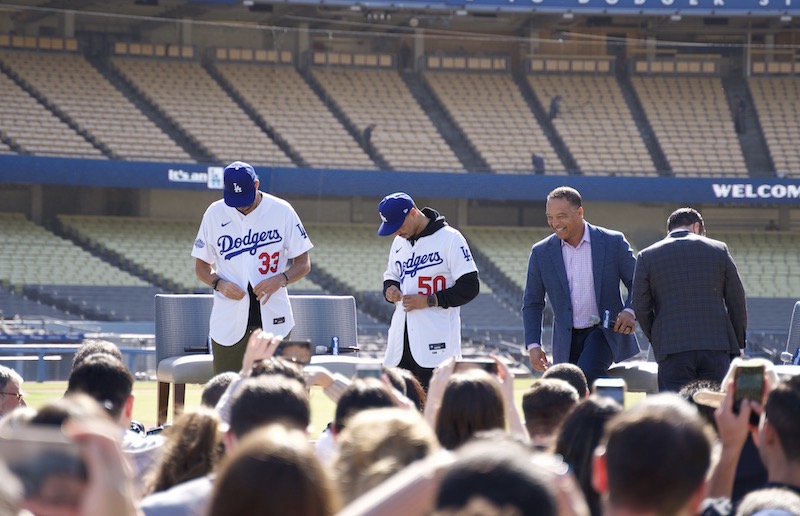 Los Angeles Dodgers president of baseball operations Andrew Friedman with manager Dave Roberts and Mookie Betts and David Price during the introductory press conference at Dodger Stadium