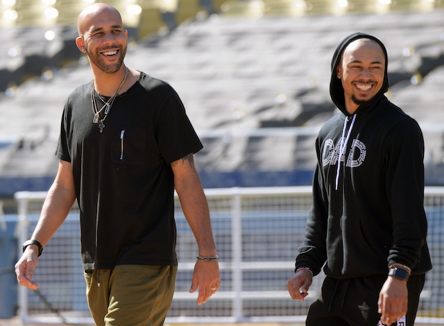 Mookie Betts and David Price during the Los Angeles Dodgers introductory press conference at Dodger Stadium