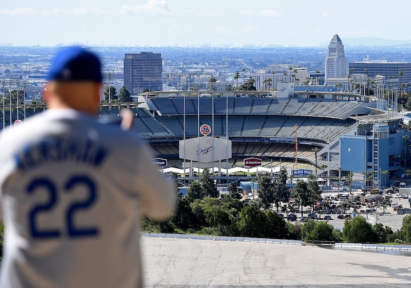 Dodger Stadium view, Dodgers fan, Clayton Kershaw, 2020 Opening Day