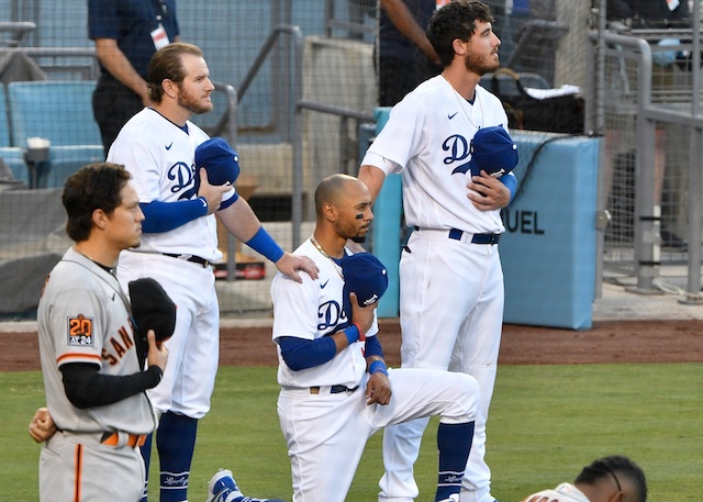 Cody Bellinger, Max Muncy, Mookie Betts, kneeling 2020 Opening Day