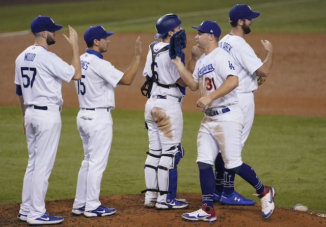 Austin Barnes, Adam Kolarek, Joc Pederson, Will Smith, Alex Wood, Dodgers win