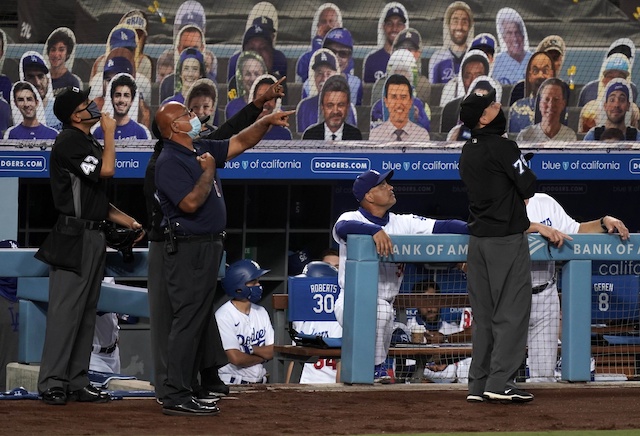 Dave Roberts, umpires, Dodger Stadium secutiry, drone delay